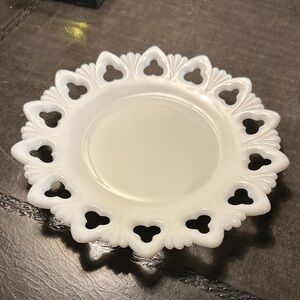 Vintage Kemple white Milk Glass Plate - Scalloped Heart Cutout Design